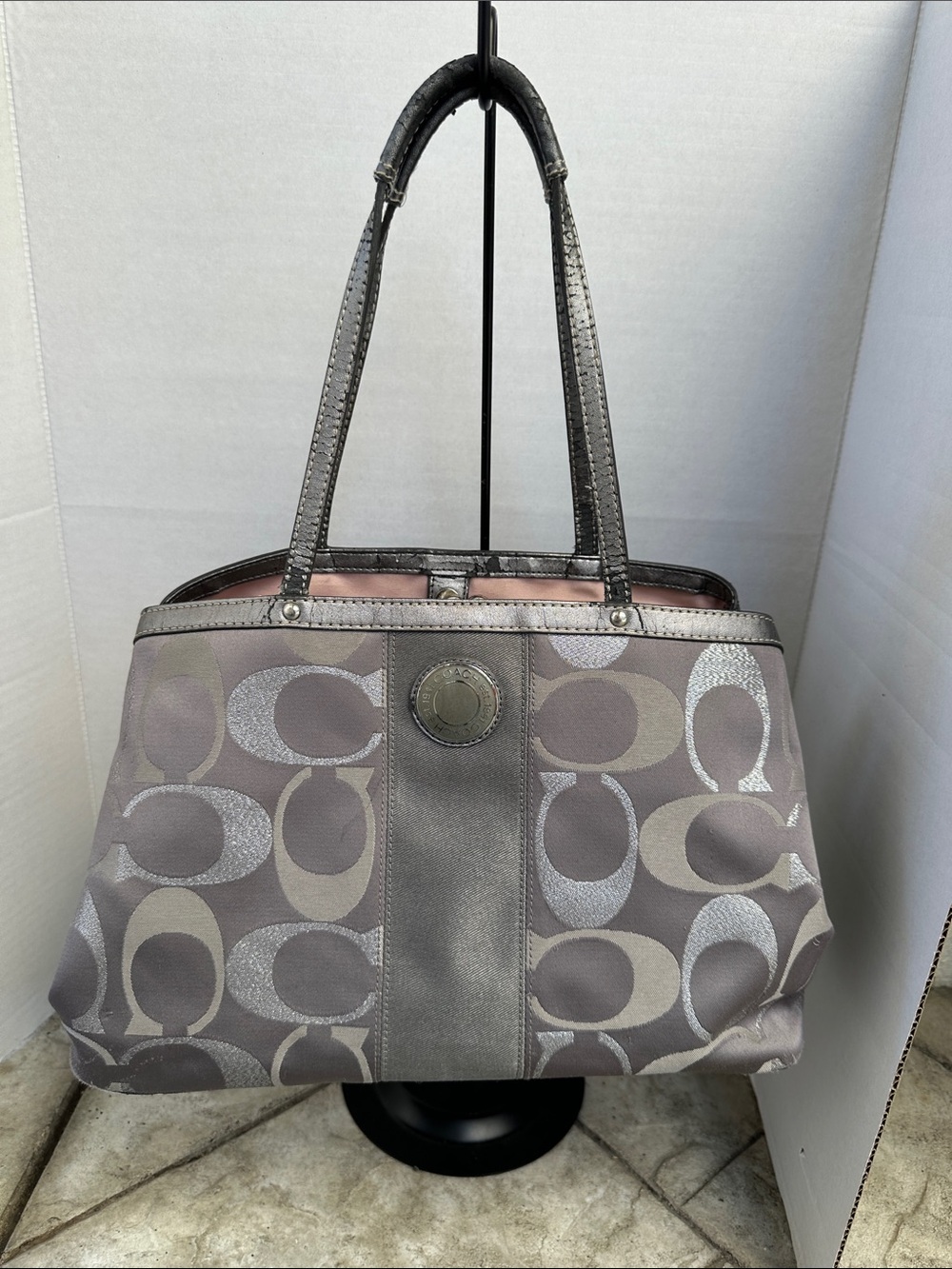 Coach Gray Signature Tote with Metallic Logo Medallion -PROJECT PIECE